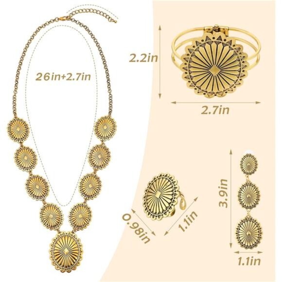 Western Turquoise Jewelry Set Necklace Earrings Bracelet Ring Boho Cowgirl Gift - Picture 4 of 7